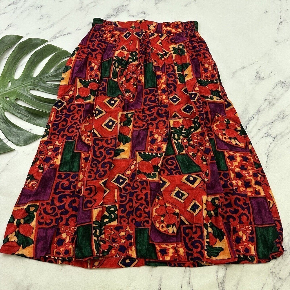Vintage Vibrant Red, Purple & Green Patchwork Midi Skirt